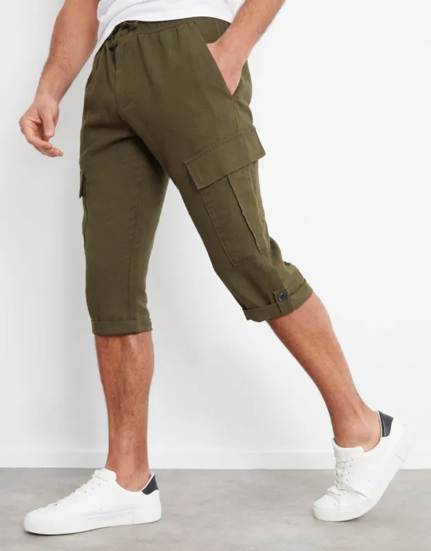 Men's Khaki Linen Blend 3/4 Length Cargo Trousers sold by Threadbare