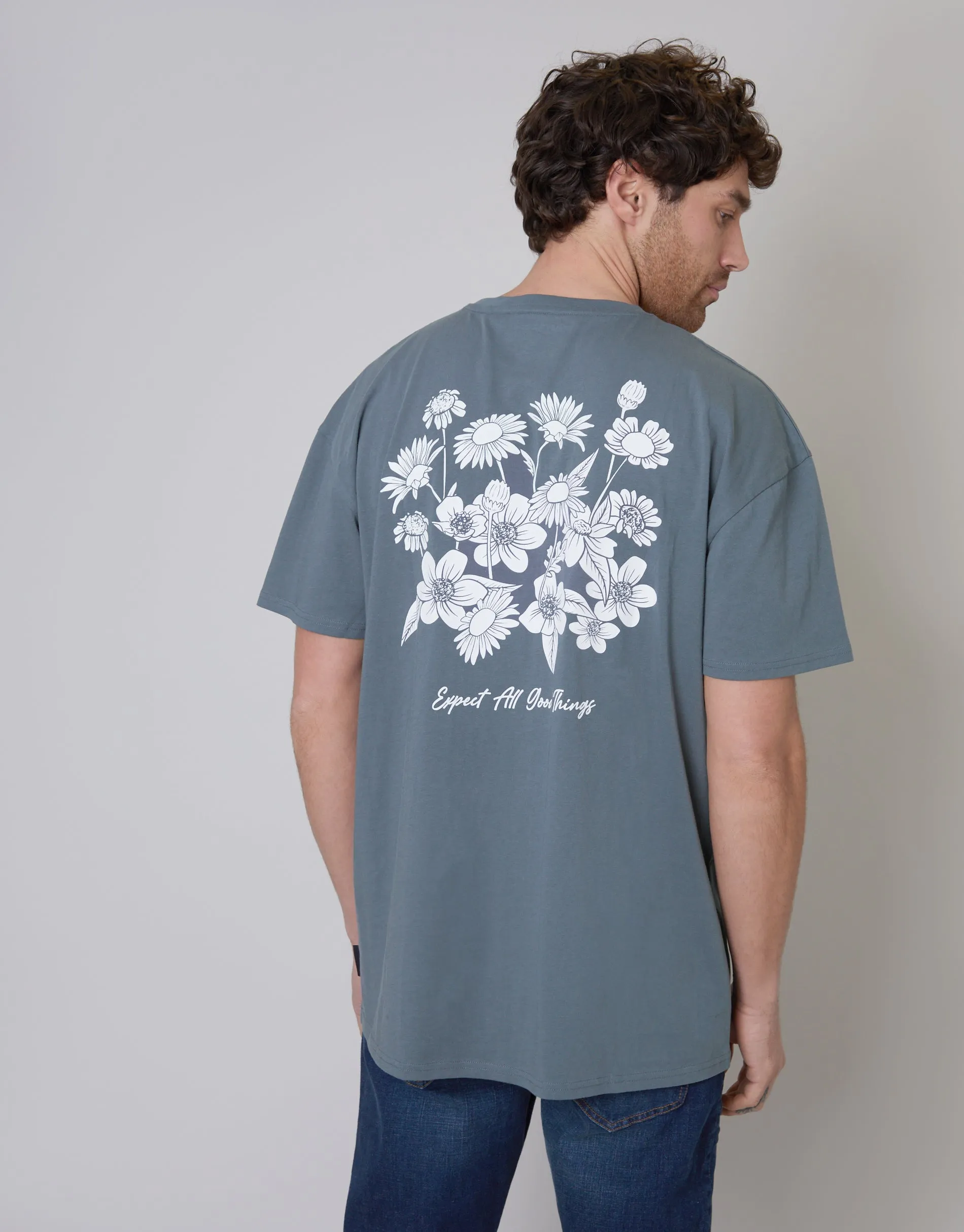Blue Grey Floral Graphic Print Oversized T-Shirt sold by Threadbare