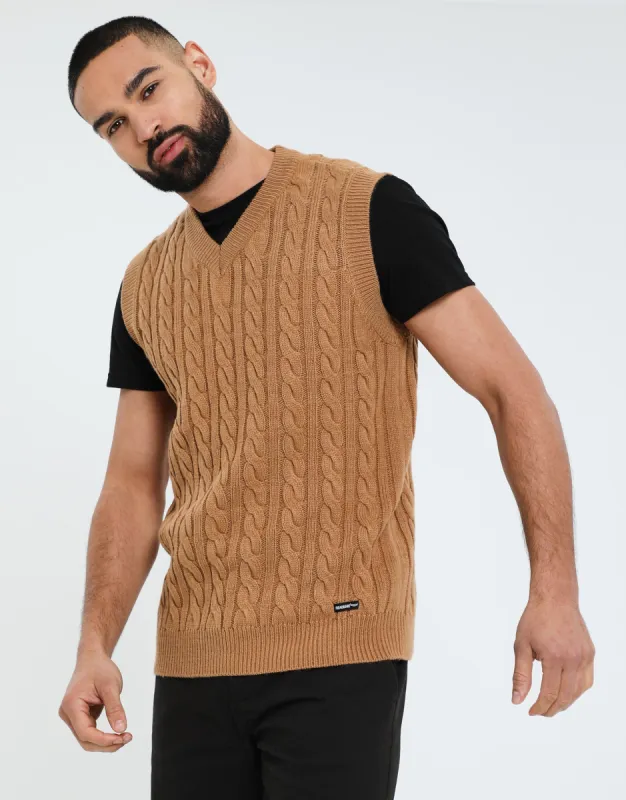 Men's Camel Cable Knit Vest sold by Threadbare