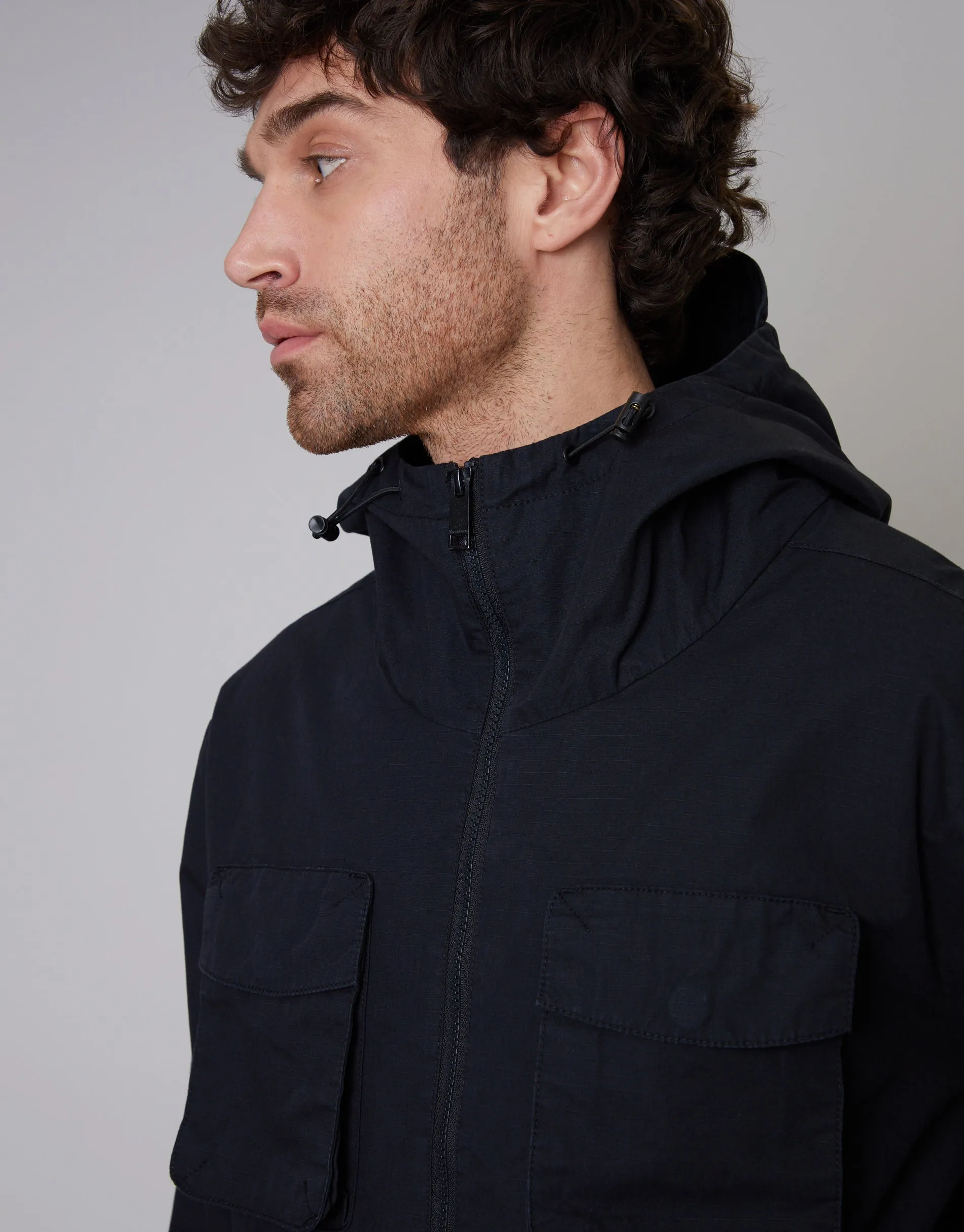 Men's Black Hooded 4 Pocket Utility Field Coat sold by Threadbare product image thumbnail 4