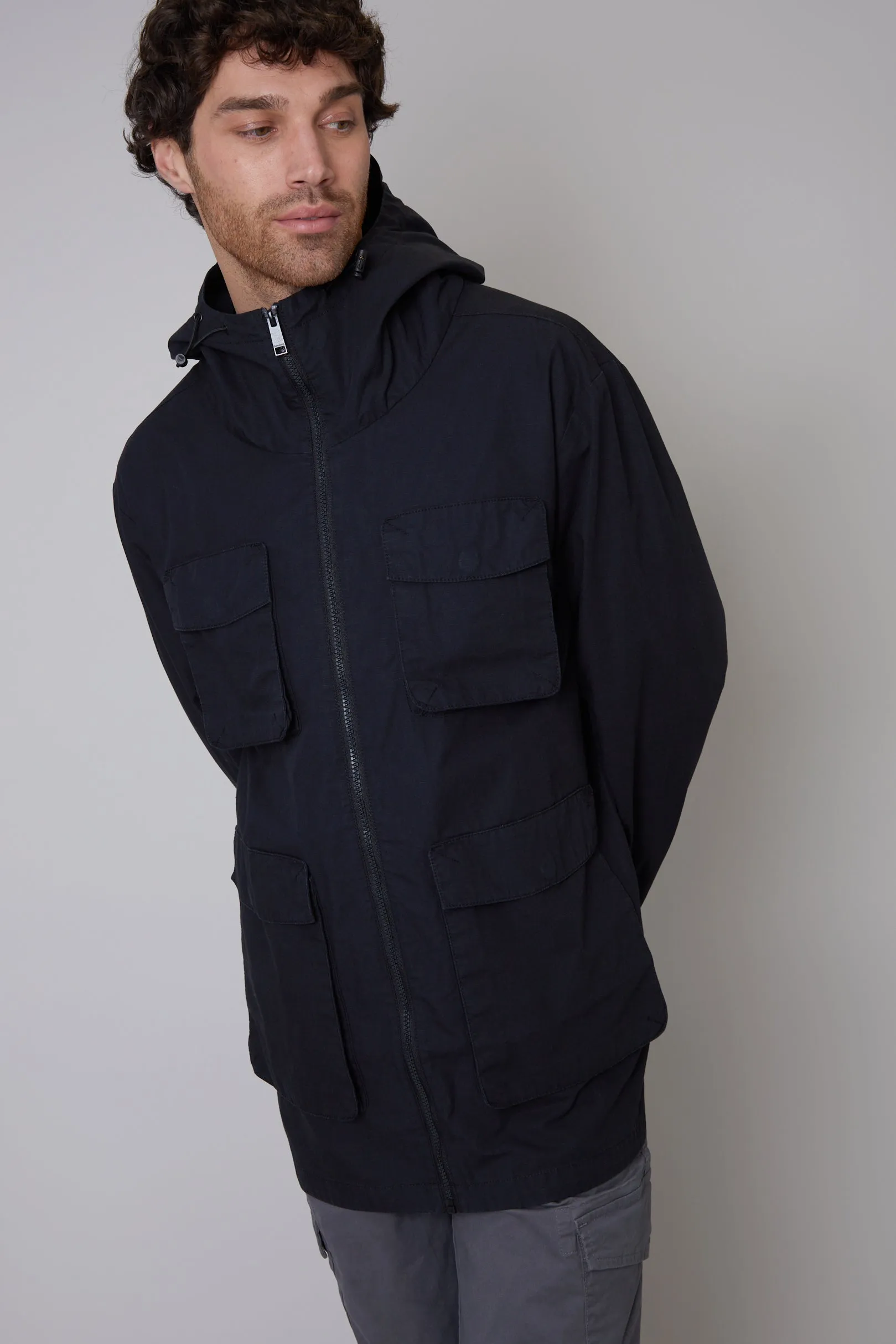 Men's Black Hooded 4 Pocket Utility Field Coat sold by Threadbare product image thumbnail 3