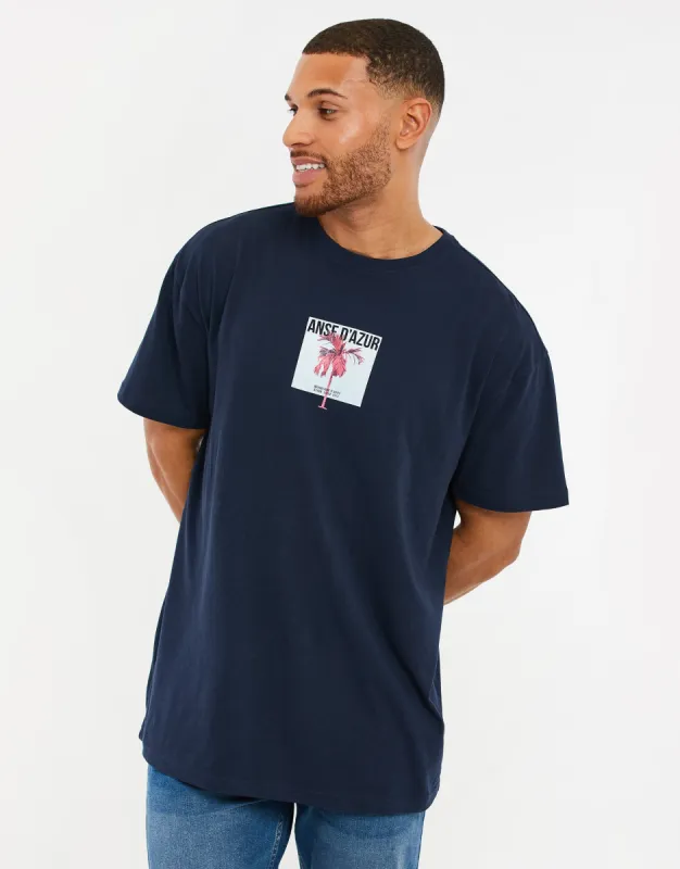 Men's Navy Graphic Print Oversized T-Shirt sold by Threadbare