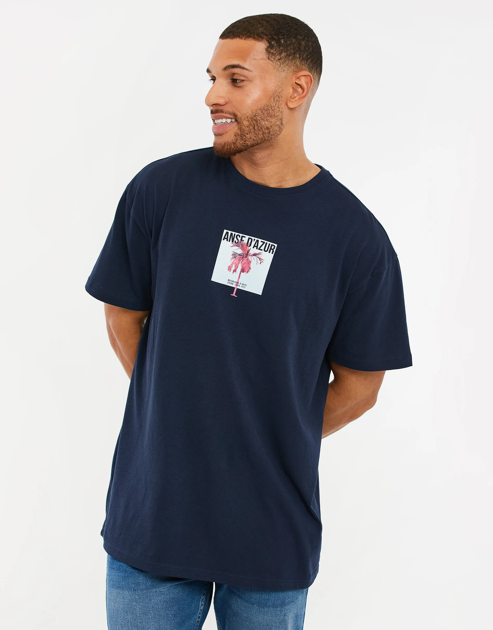 Men's Navy Graphic Print Oversized T-Shirt sold by Threadbare