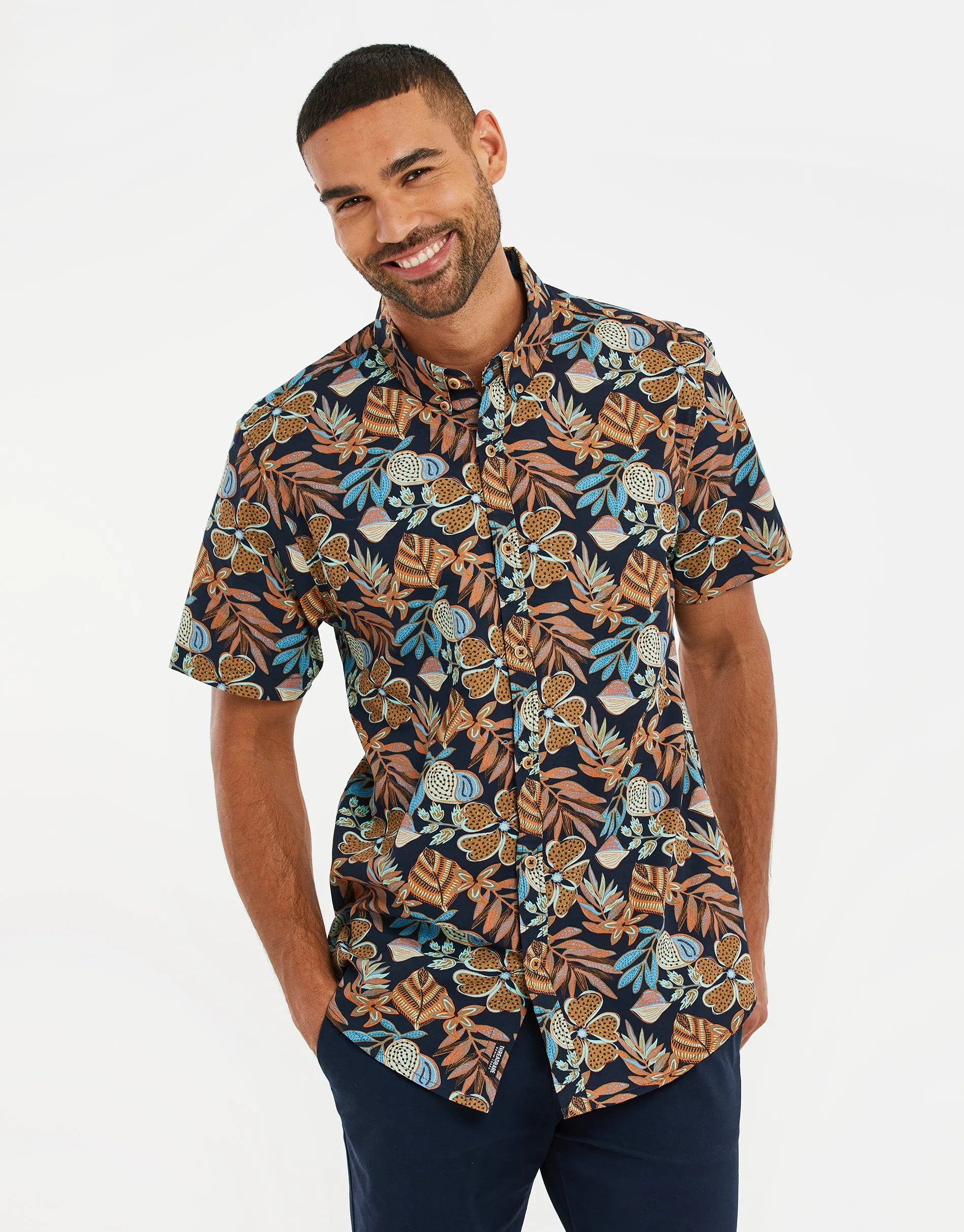 Men's Navy Floral Print Short Sleeve Shirt sold by Threadbare