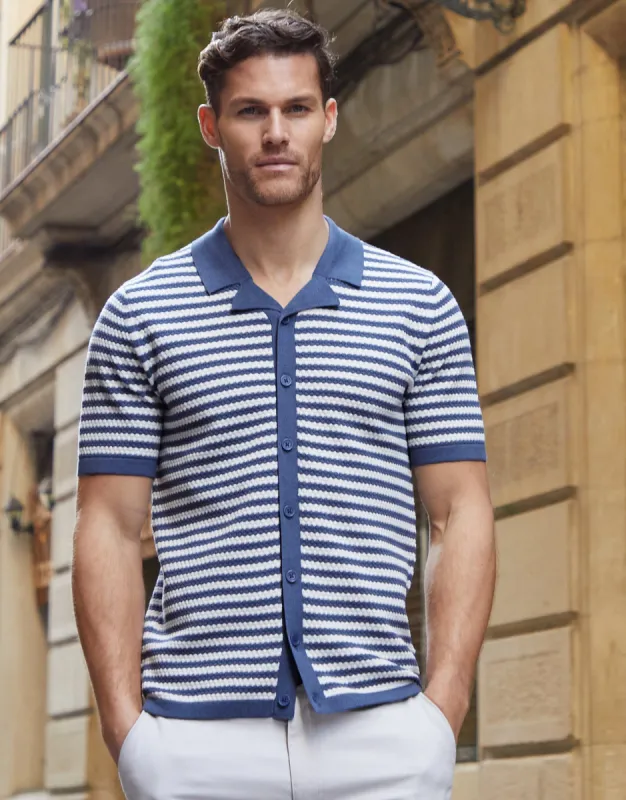 Threadbare Men's Blue & Ecru Revere Collar Striped Knitted Shirt sold by Threadbare