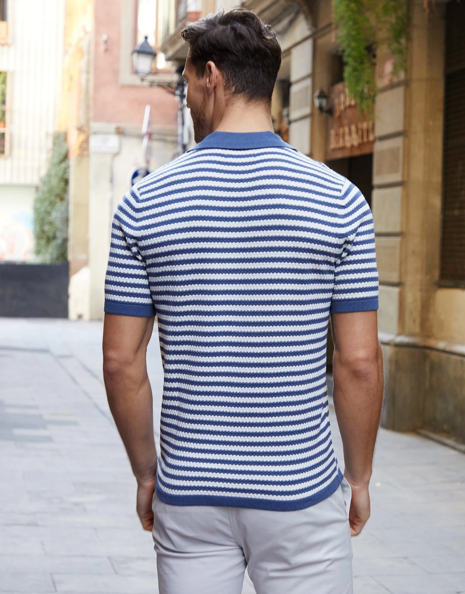 Threadbare Men's Blue & Ecru Revere Collar Striped Knitted Shirt sold by Threadbare product image thumbnail 2
