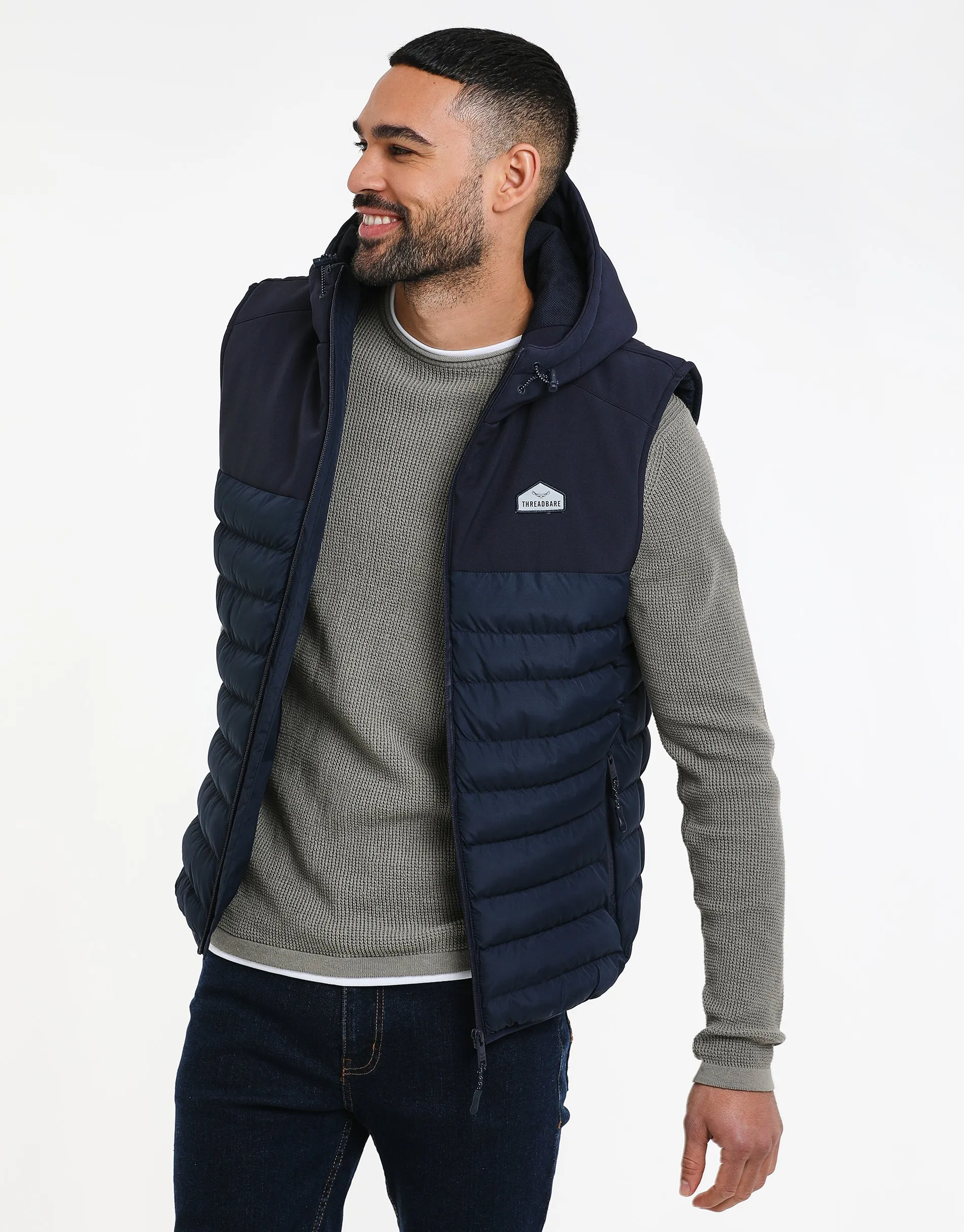 Men's Navy Hooded Gilet sold by Threadbare