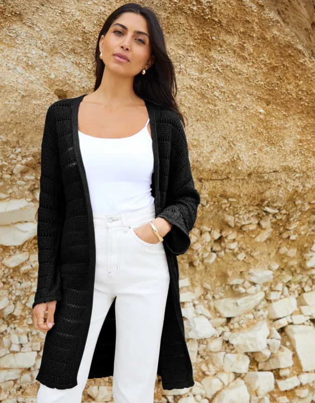 Women's Black Longline Crochet Cardigan sold by Threadbare