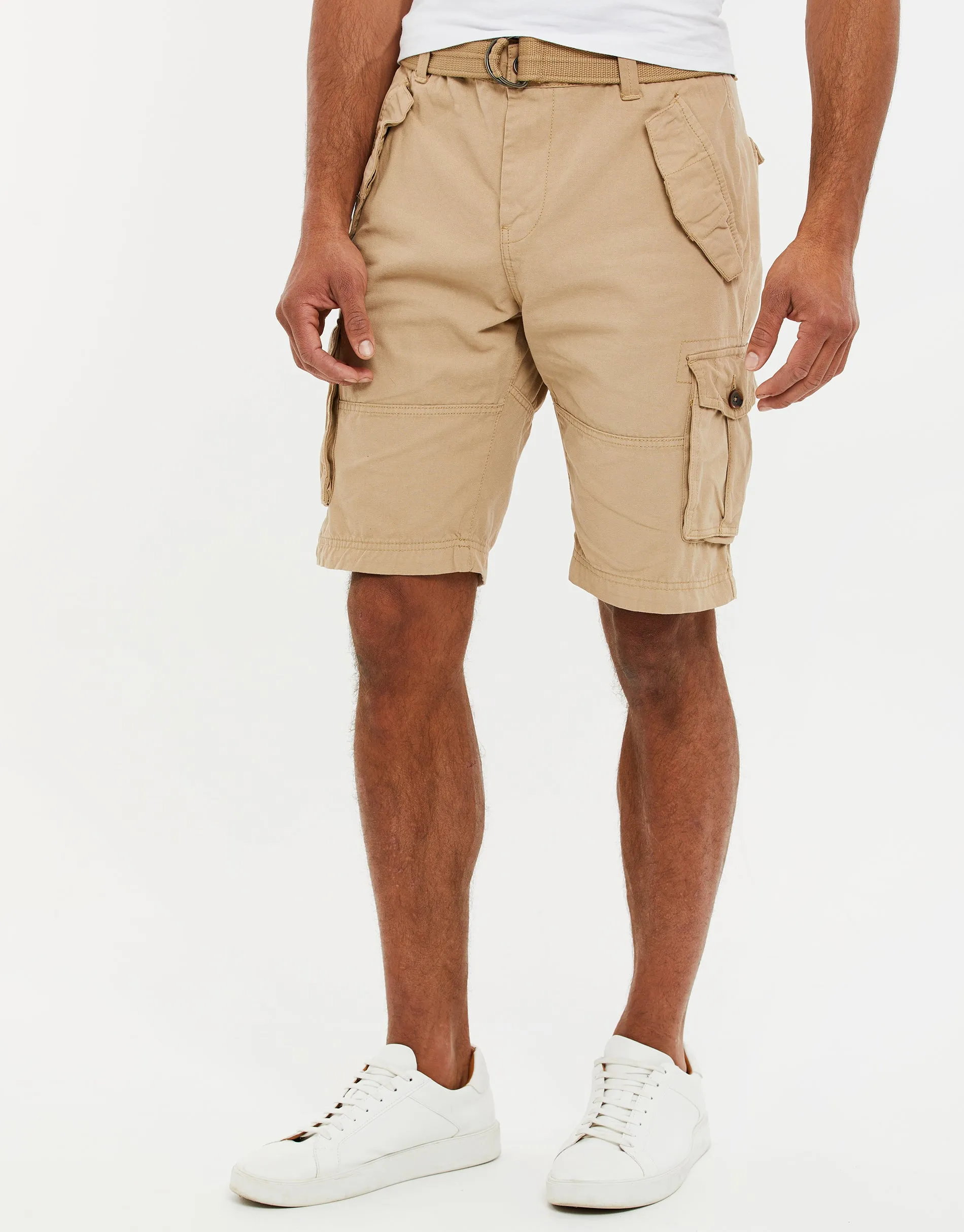 Men's Stone Belted Cargo Shorts sold by Threadbare
