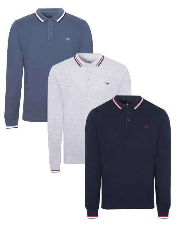 Men's Blue Mix Long Sleeve Polo Shirts (3 Pack) sold by Threadbare