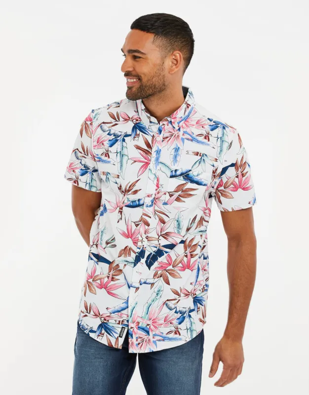 Men's White Palm Print Short Sleeve Shirt sold by Threadbare