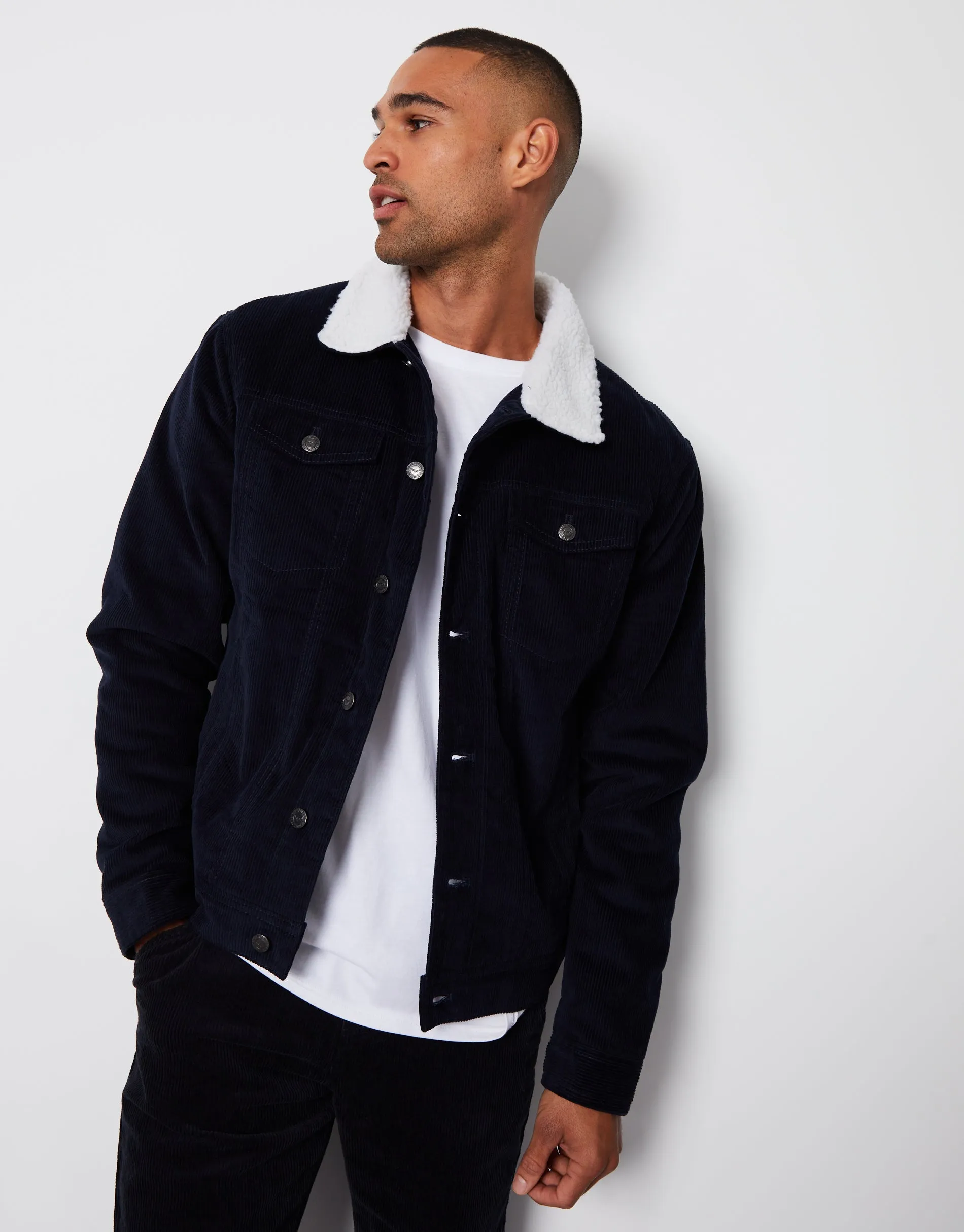 Navy Borg Lined Corduroy Jacket sold by Threadbare