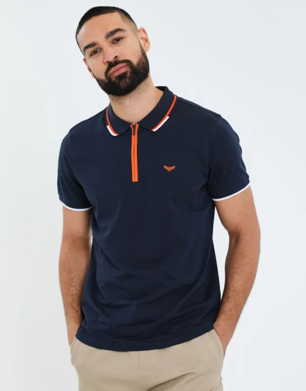 Men's Navy Contrast Orange Zip Collar Polo Shirt sold by Threadbare