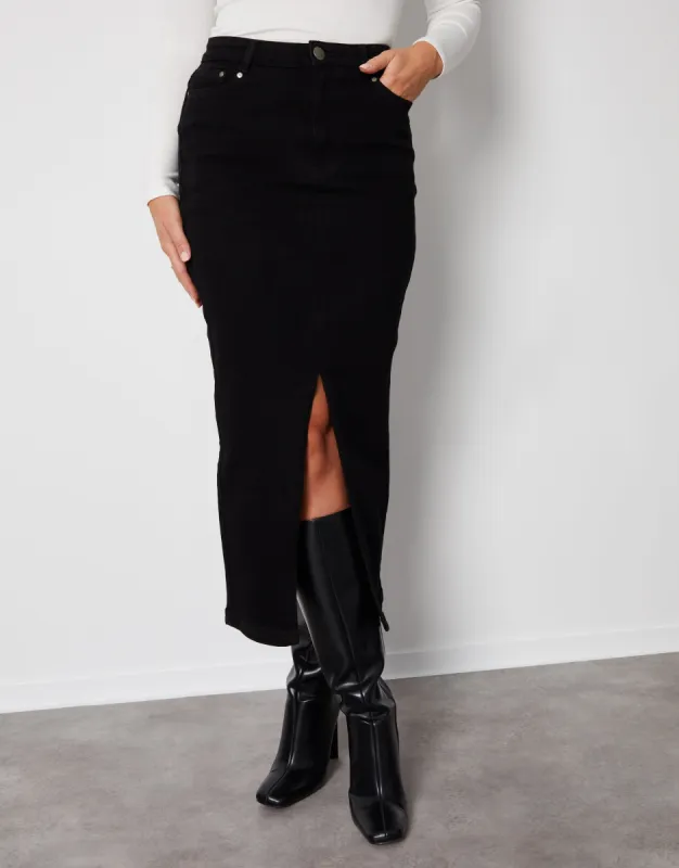 Women's Black Maxi Denim Skirt sold by Threadbare