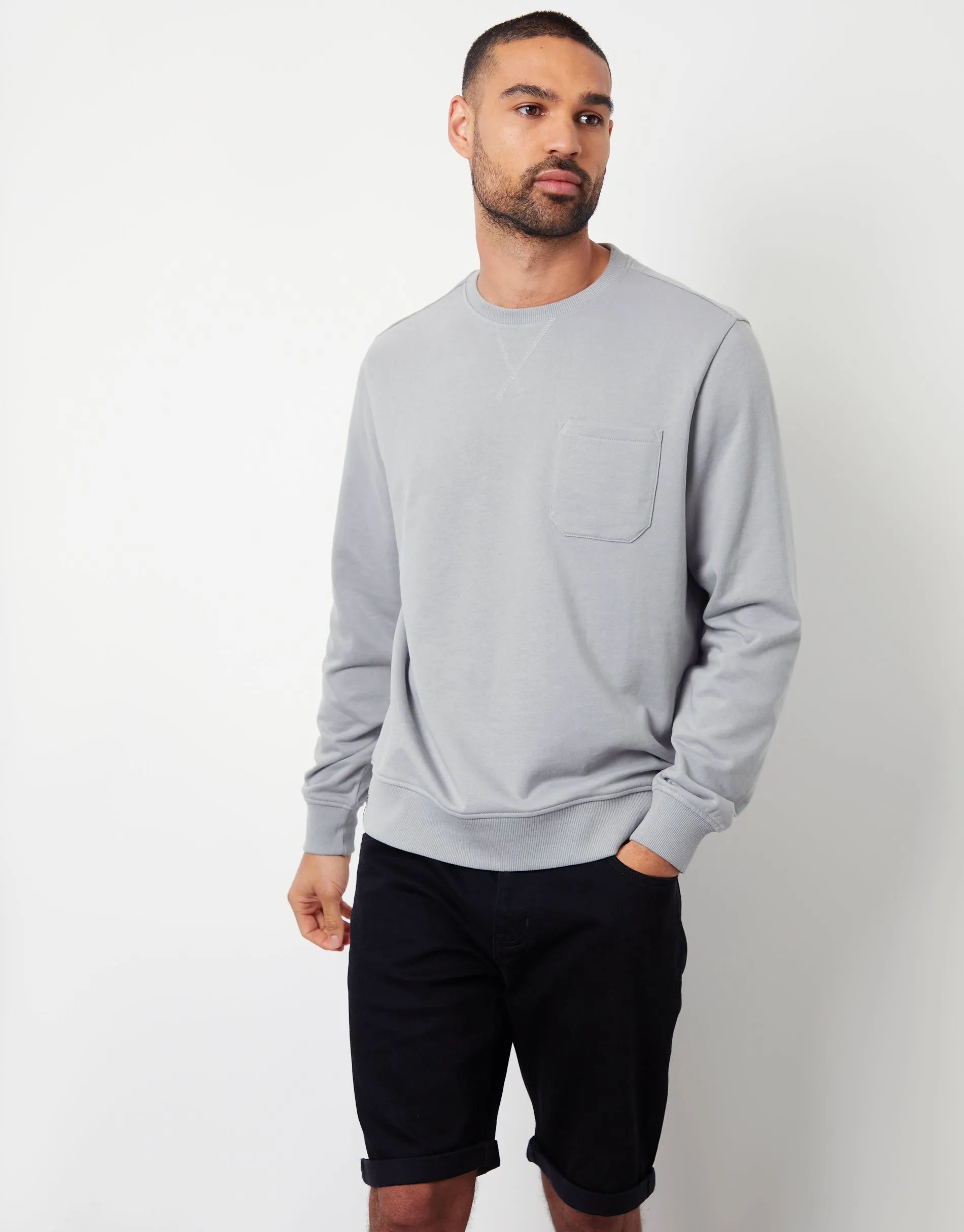 Men's Grey Loopback Crew Neck Sweatshirt with Pocket sold by Threadbare