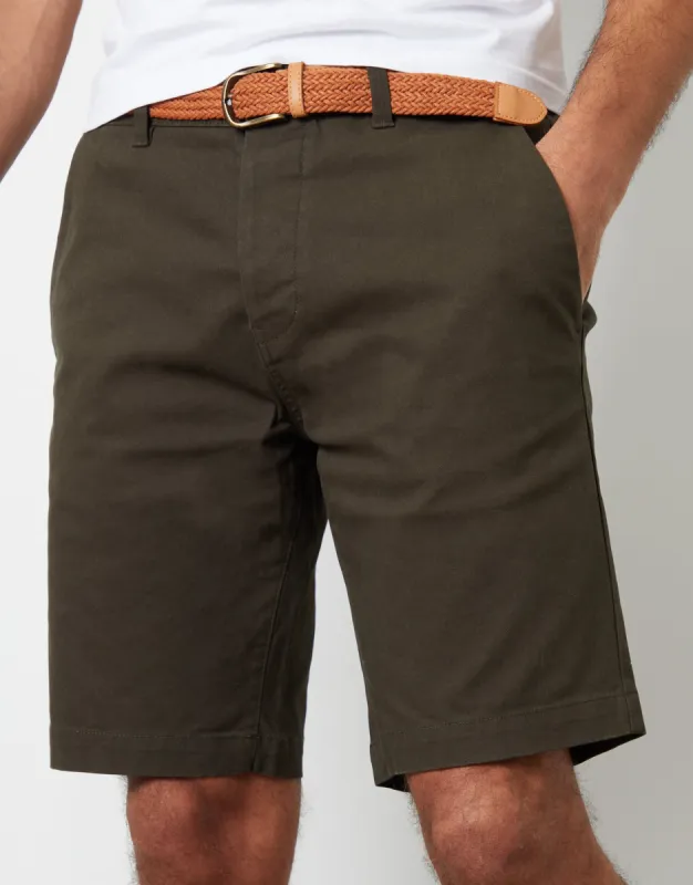 Men's Forest Green Belted Chino Shorts sold by Threadbare