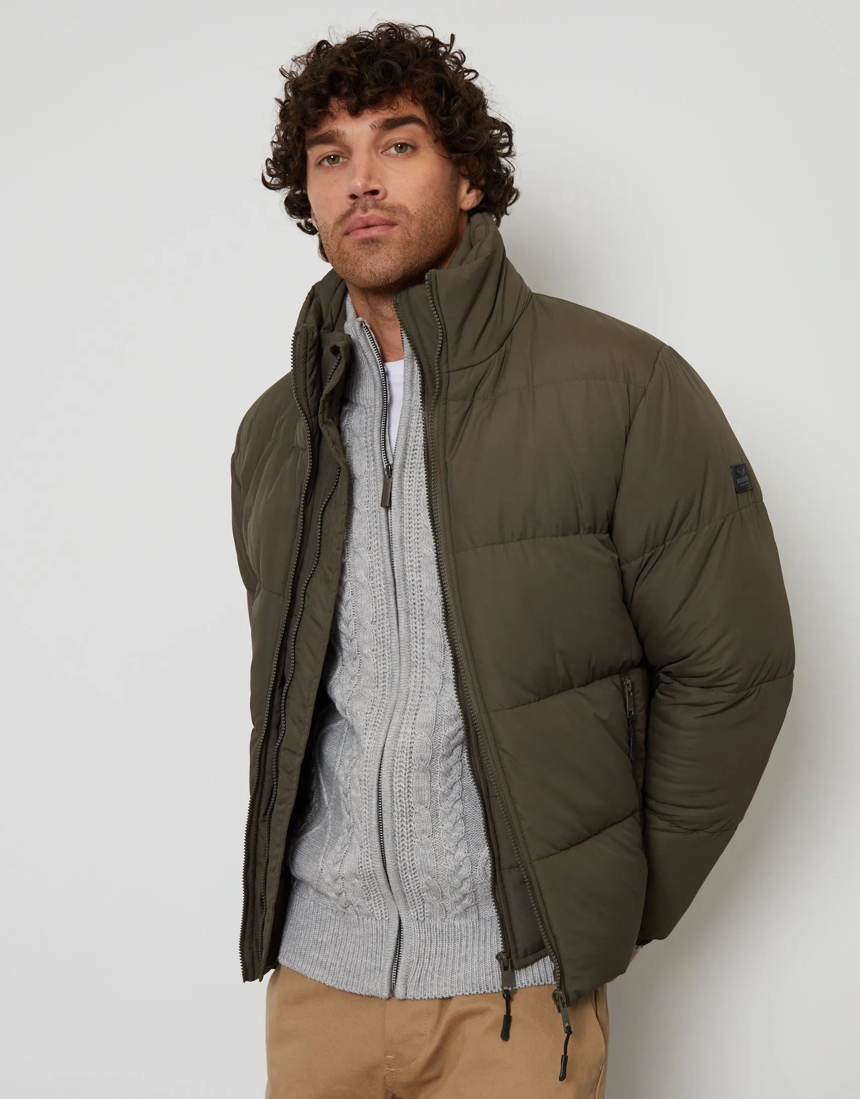 Men's Khaki Mock Layer Puffer Jacket sold by Threadbare