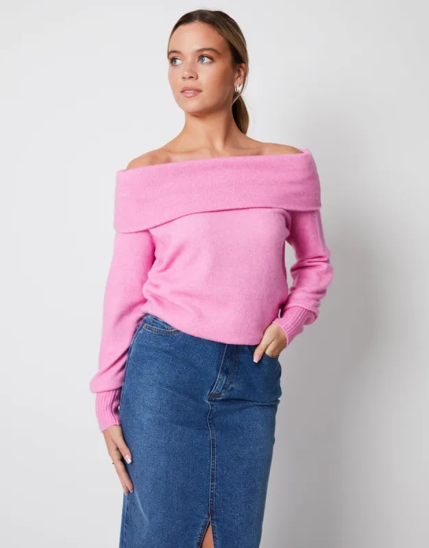Women's Pink Off The Shoulder Bardot Jumper sold by Threadbare