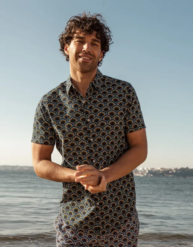 Men's Navy Geometric Print Short Sleeve Shirt sold by Threadbare
