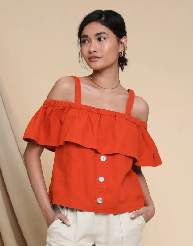 Women's Orange Linen Blend Strap Bardot Top made by Threadbare