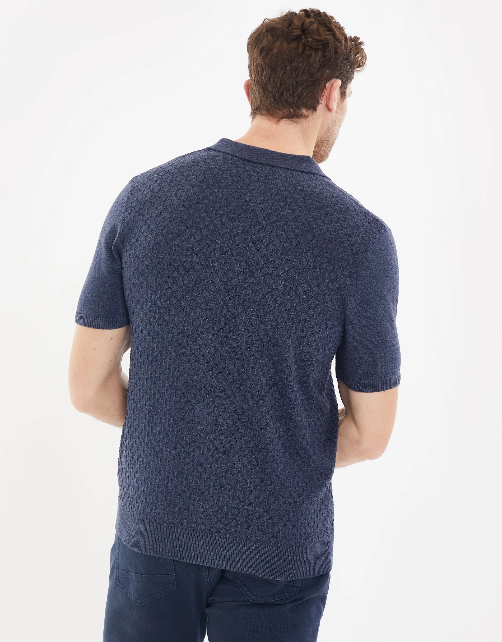 Men's Navy Marl Textured Quarter Zip Knitted Polo sold by Threadbare product image thumbnail 2