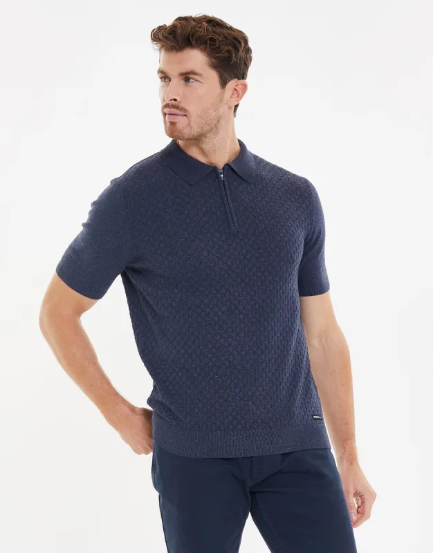Men's Navy Marl Textured Quarter Zip Knitted Polo sold by Threadbare