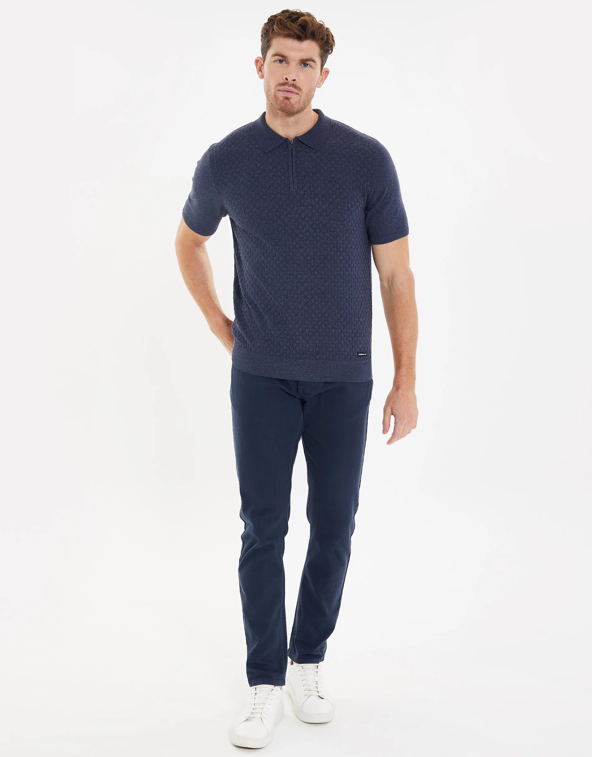 Men's Navy Marl Textured Quarter Zip Knitted Polo sold by Threadbare product image thumbnail 3