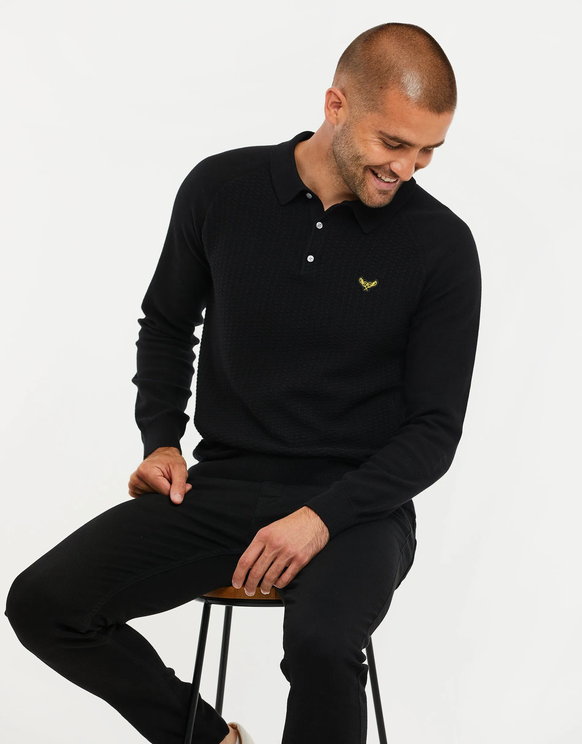 Men's Black Long Sleeve Polo Jumper sold by Threadbare