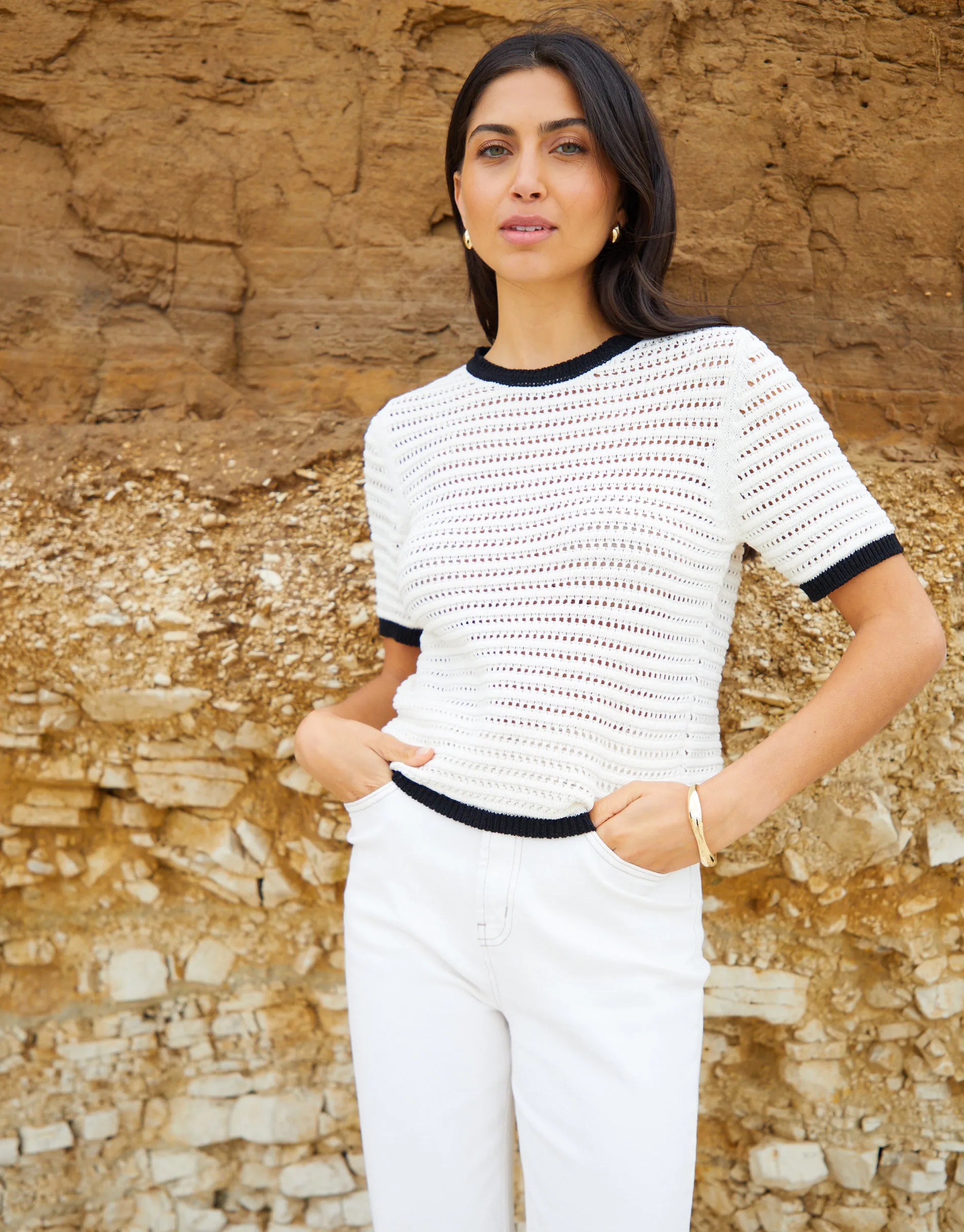 Women's Ecru Contrast Tipping Crochet T-Shirt sold by Threadbare product image thumbnail 3