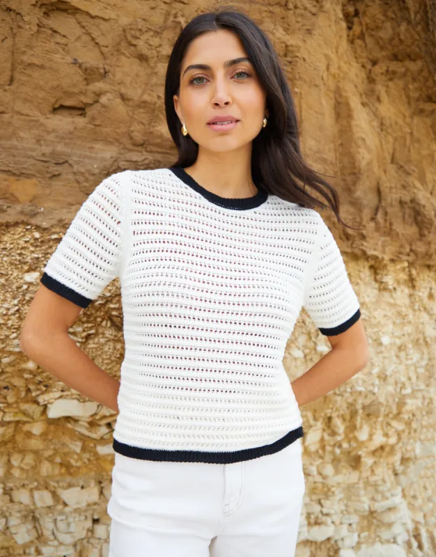 Women's Ecru Contrast Tipping Crochet T-Shirt sold by Threadbare