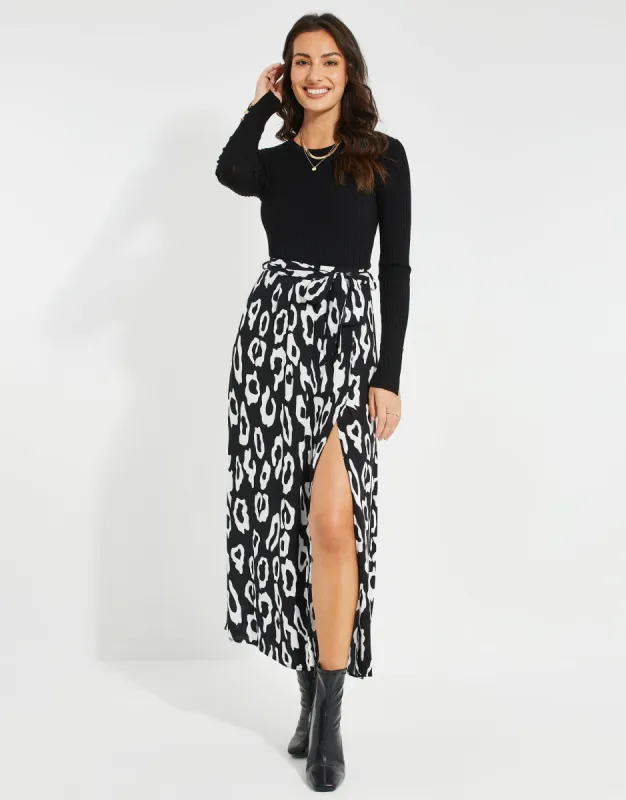 Women's Black & White Animal Print Wrap Midi Skirt sold by Threadbare
