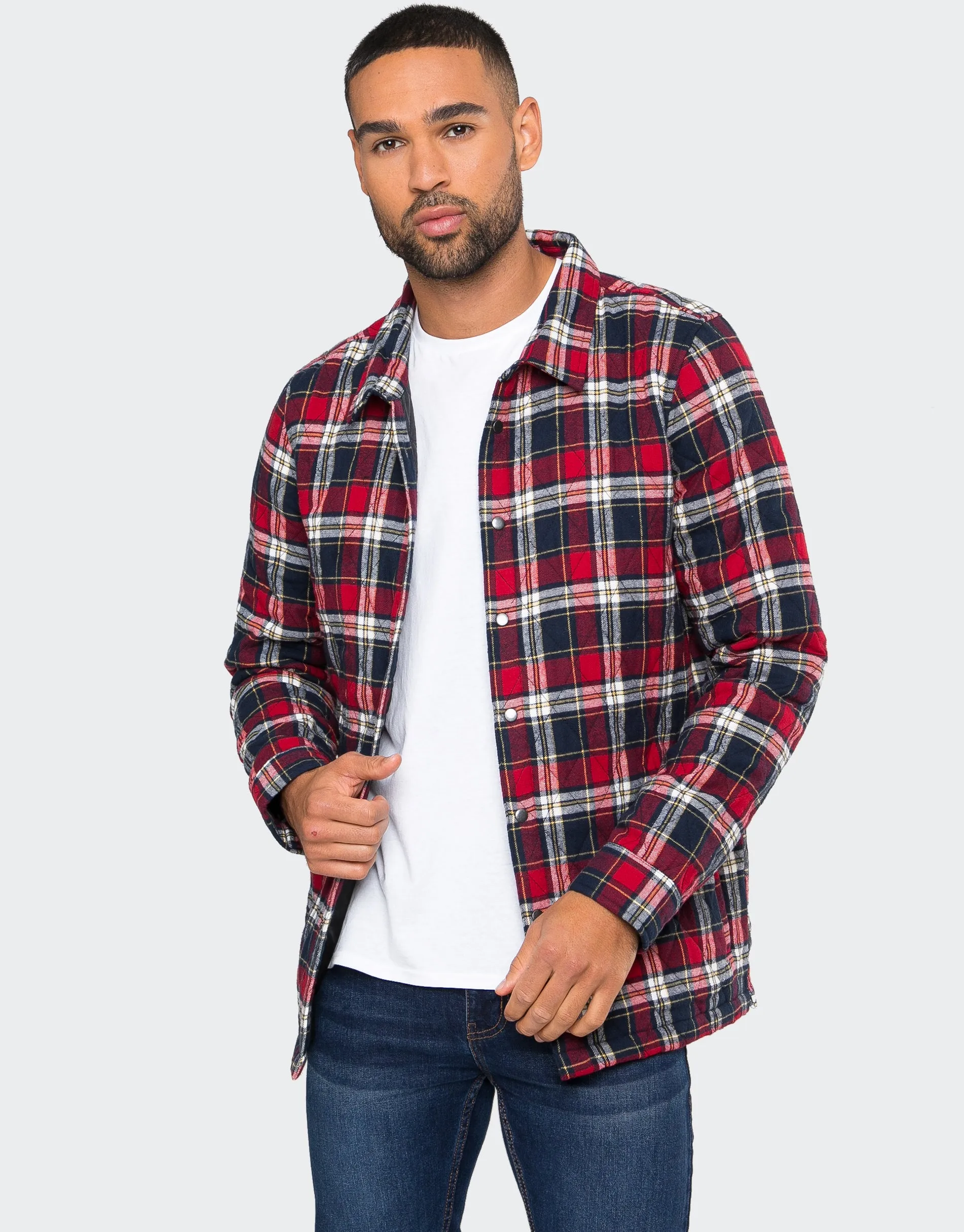 Men's Red Check Quilted Overshirt sold by Threadbare