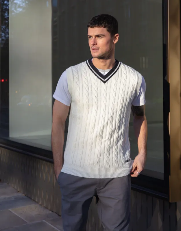 Men's White Contrast Neck Cable Knit Vest sold by Threadbare