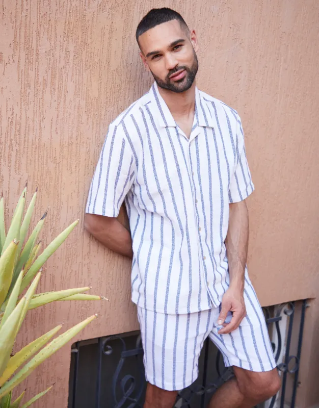 Cream Striped Revere Collar Short Sleeve Shirt sold by Threadbare