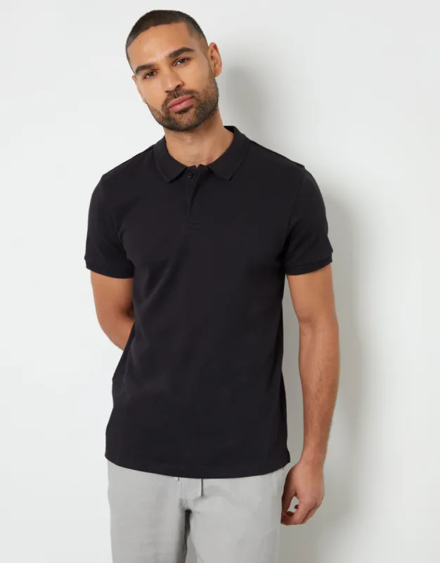Black Herringbone Detail Collar Polo Shirt sold by Threadbare