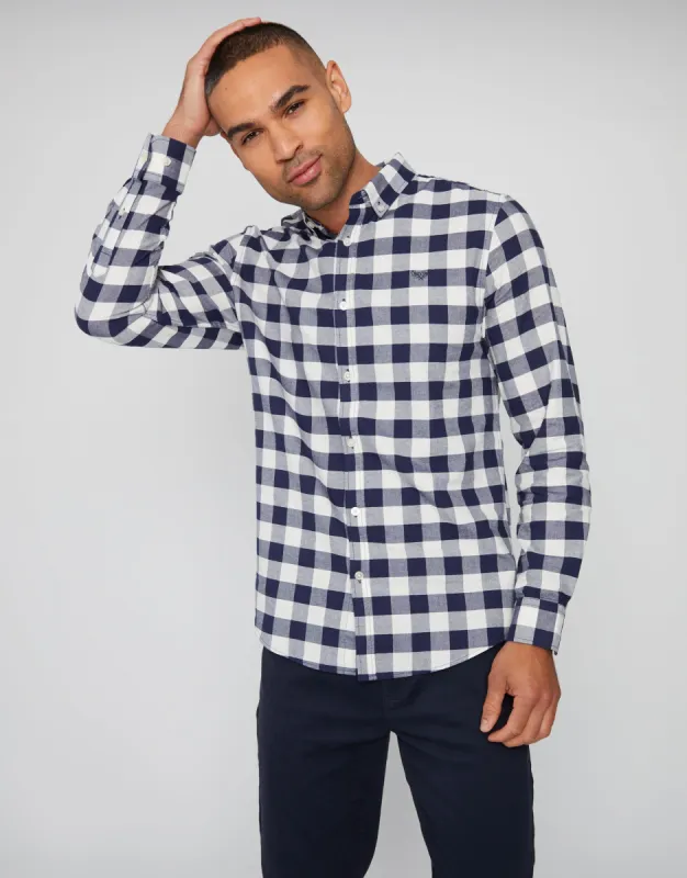 Men's Navy Cotton Check Long Sleeve Shirt sold by Threadbare