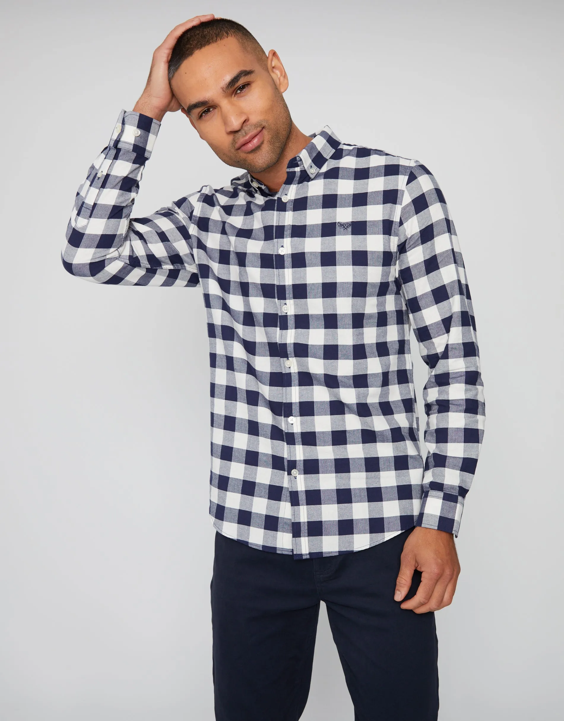 Men's Navy Cotton Check Long Sleeve Shirt sold by Threadbare