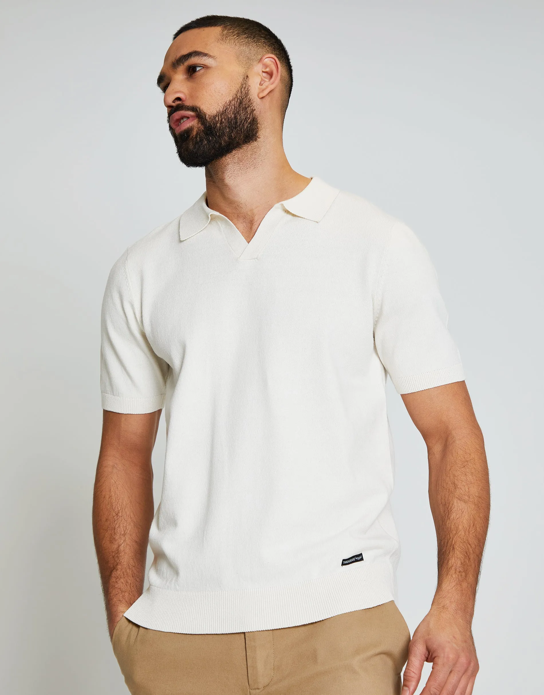 Men's Ecru Open Revere Collar Knitted Polo Shirt sold by Threadbare