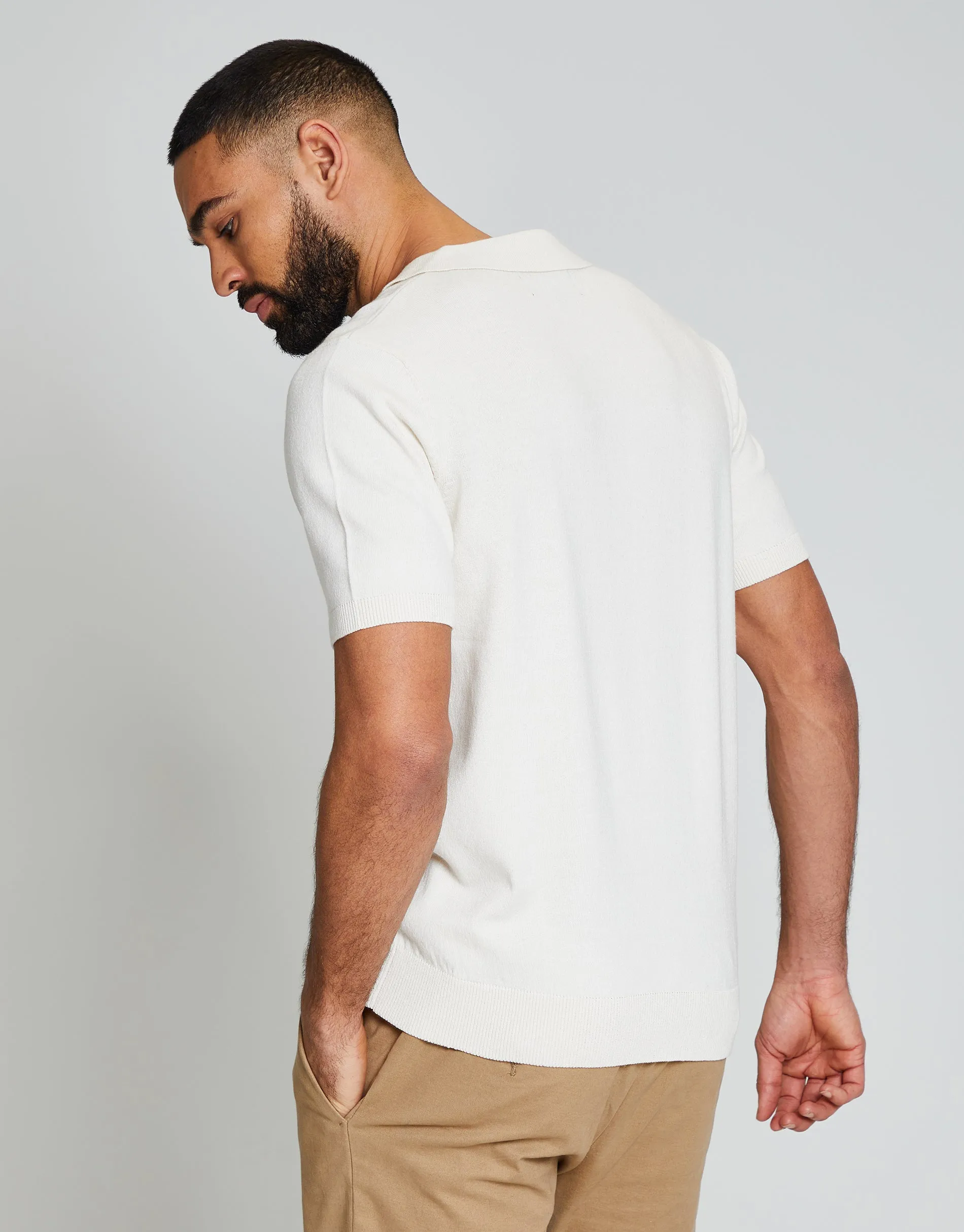 Men's Ecru Open Revere Collar Knitted Polo Shirt sold by Threadbare product image thumbnail 2