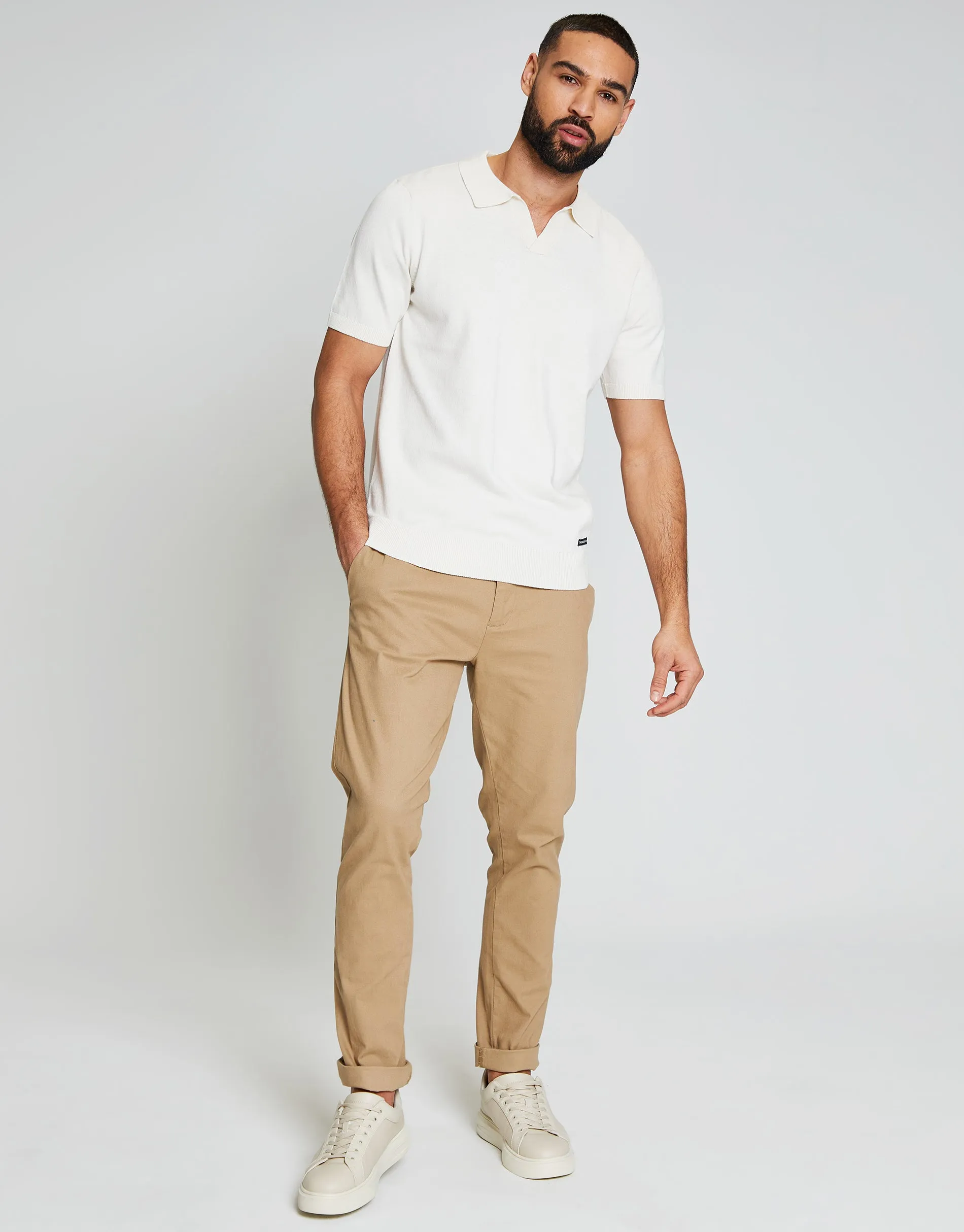 Men's Ecru Open Revere Collar Knitted Polo Shirt sold by Threadbare product image thumbnail 3