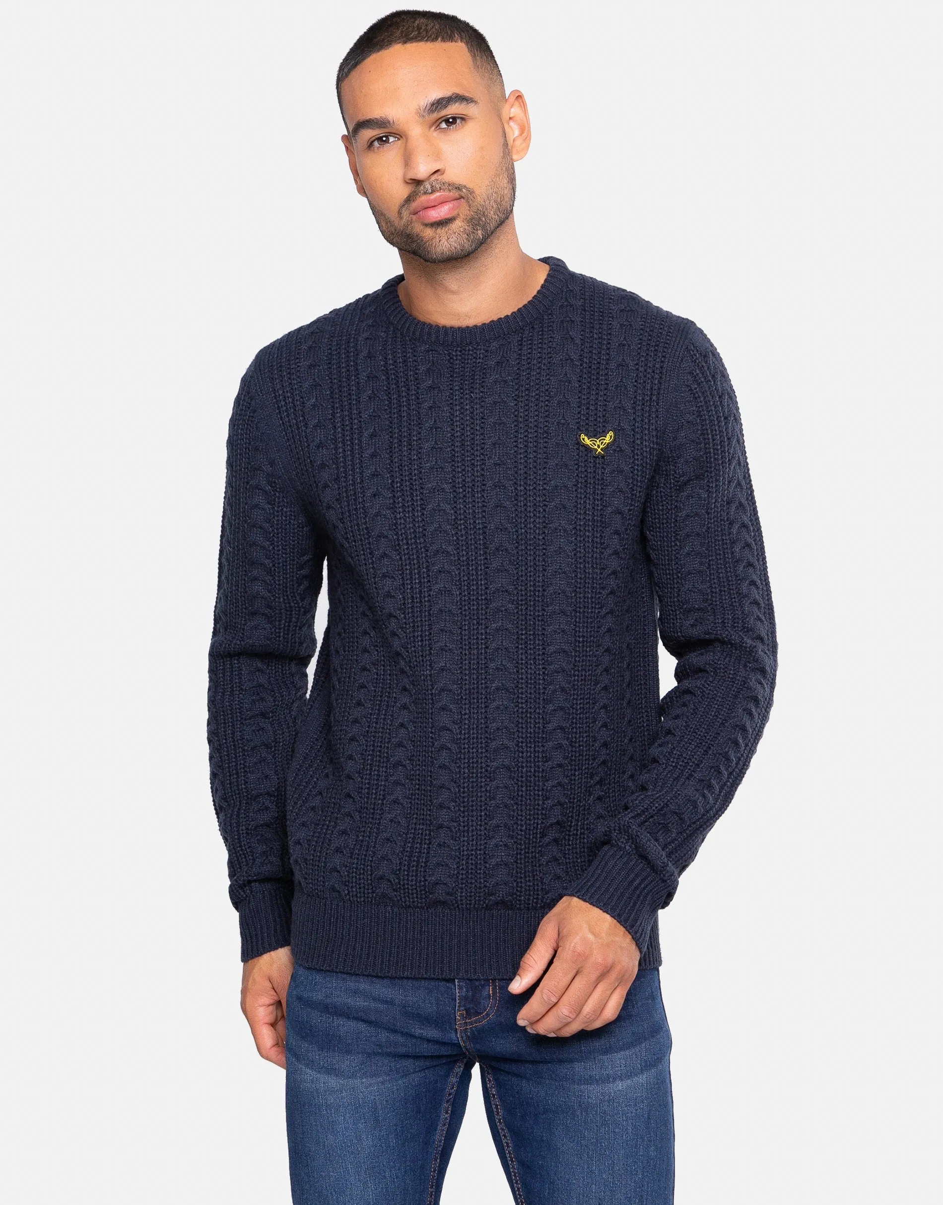 Men's Navy Crew Neck Cable Jumper sold by Threadbare