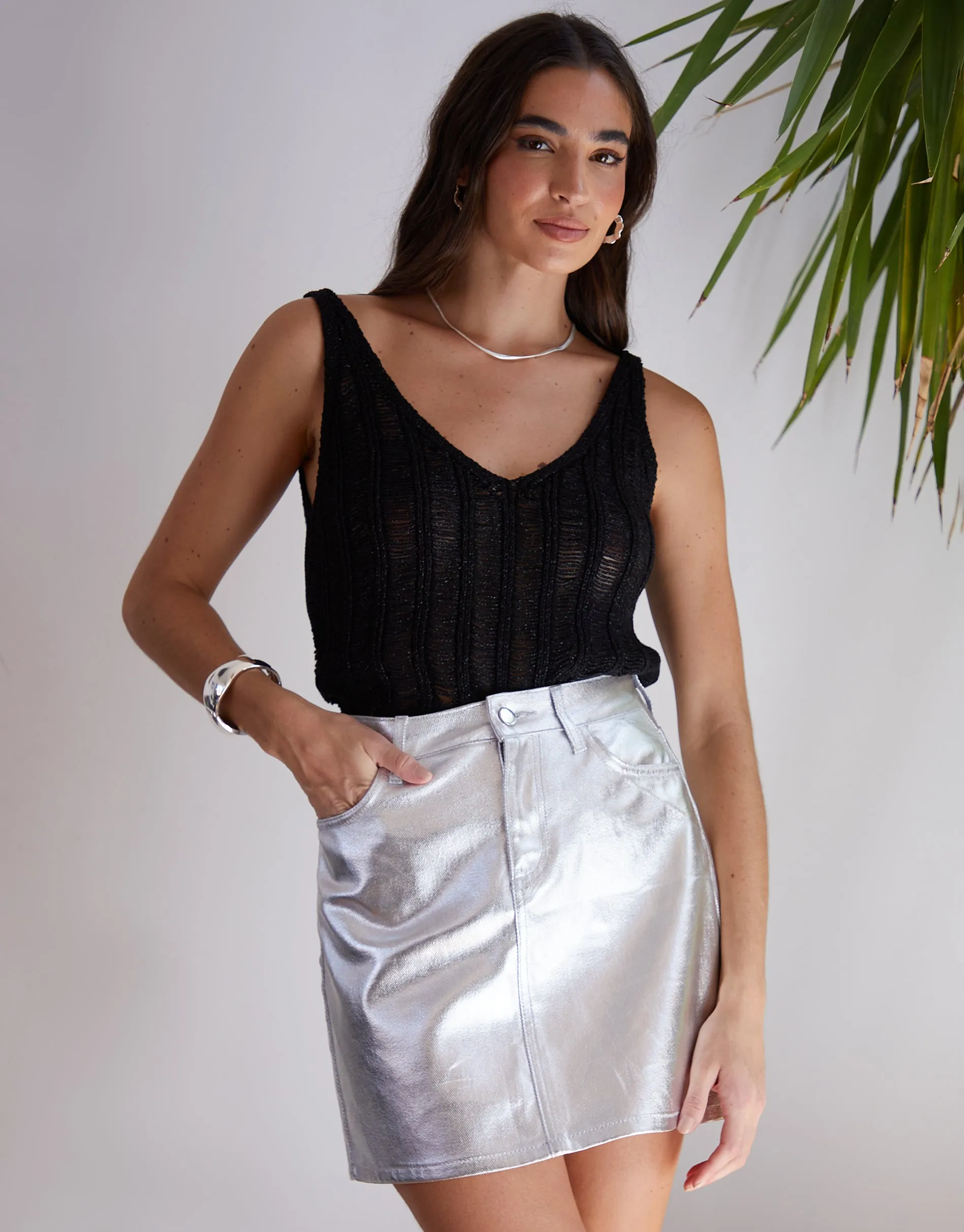 Women's Silver Metallic Denim Mini Skirt sold by Threadbare