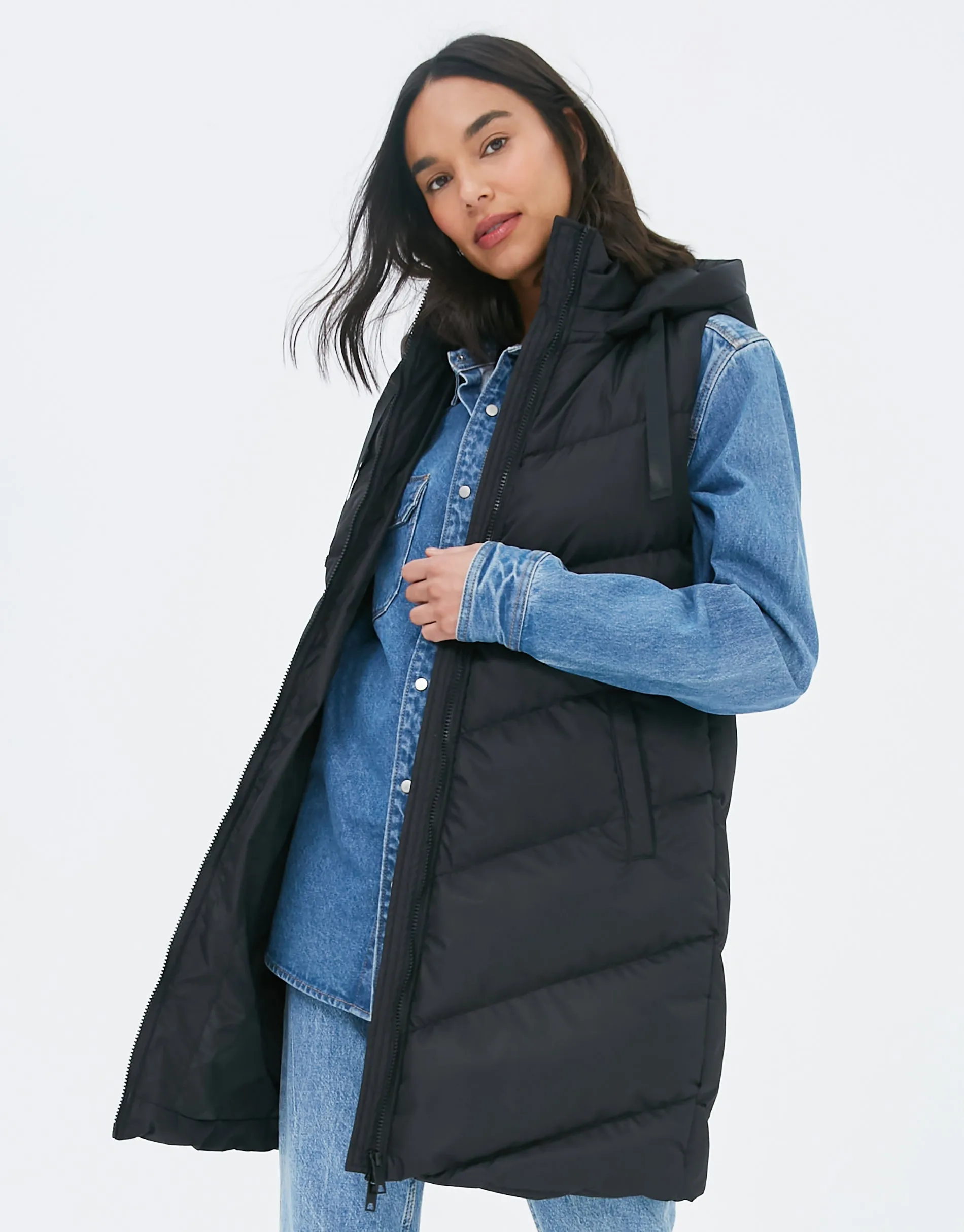 Longline Padded Gilet in Black sold by Threadbare