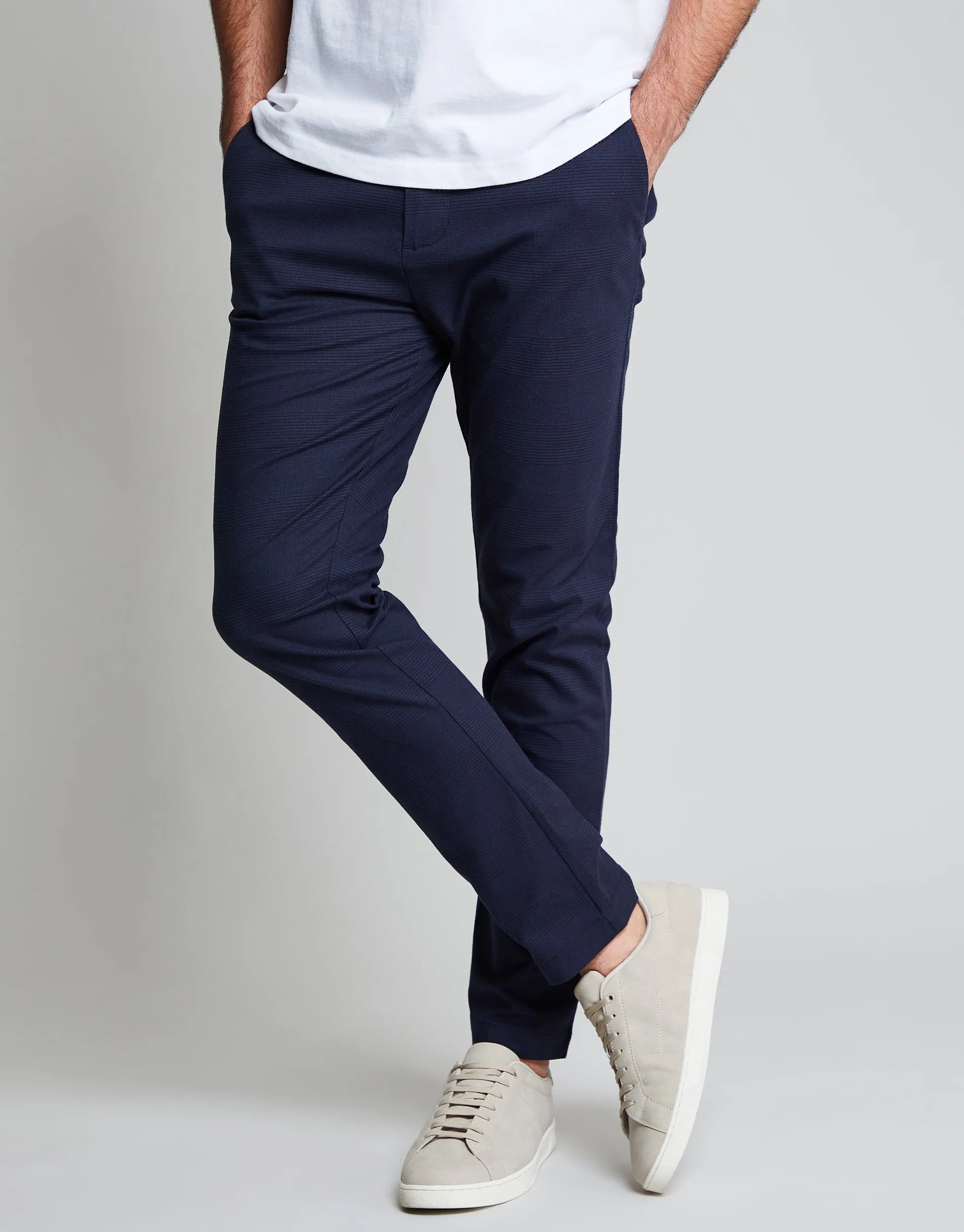 Threadbare Luxe Men's Navy Check Stretch Chino Trousers sold by Threadbare