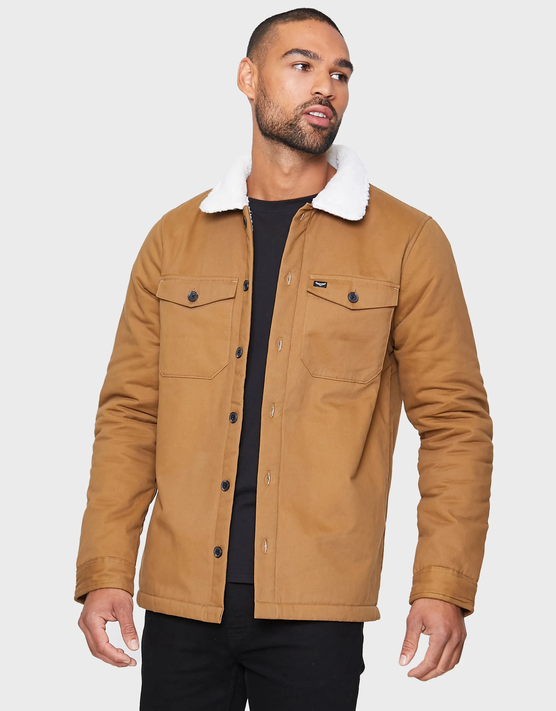 Men's Camel Faux Borg Collar Shacket sold by Threadbare