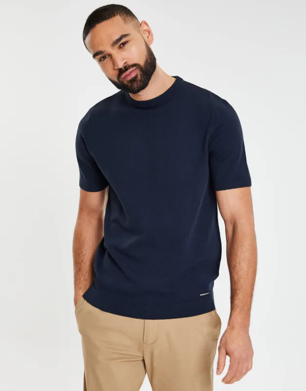 Men's Navy Round Neck Knitted T-Shirt sold by Threadbare