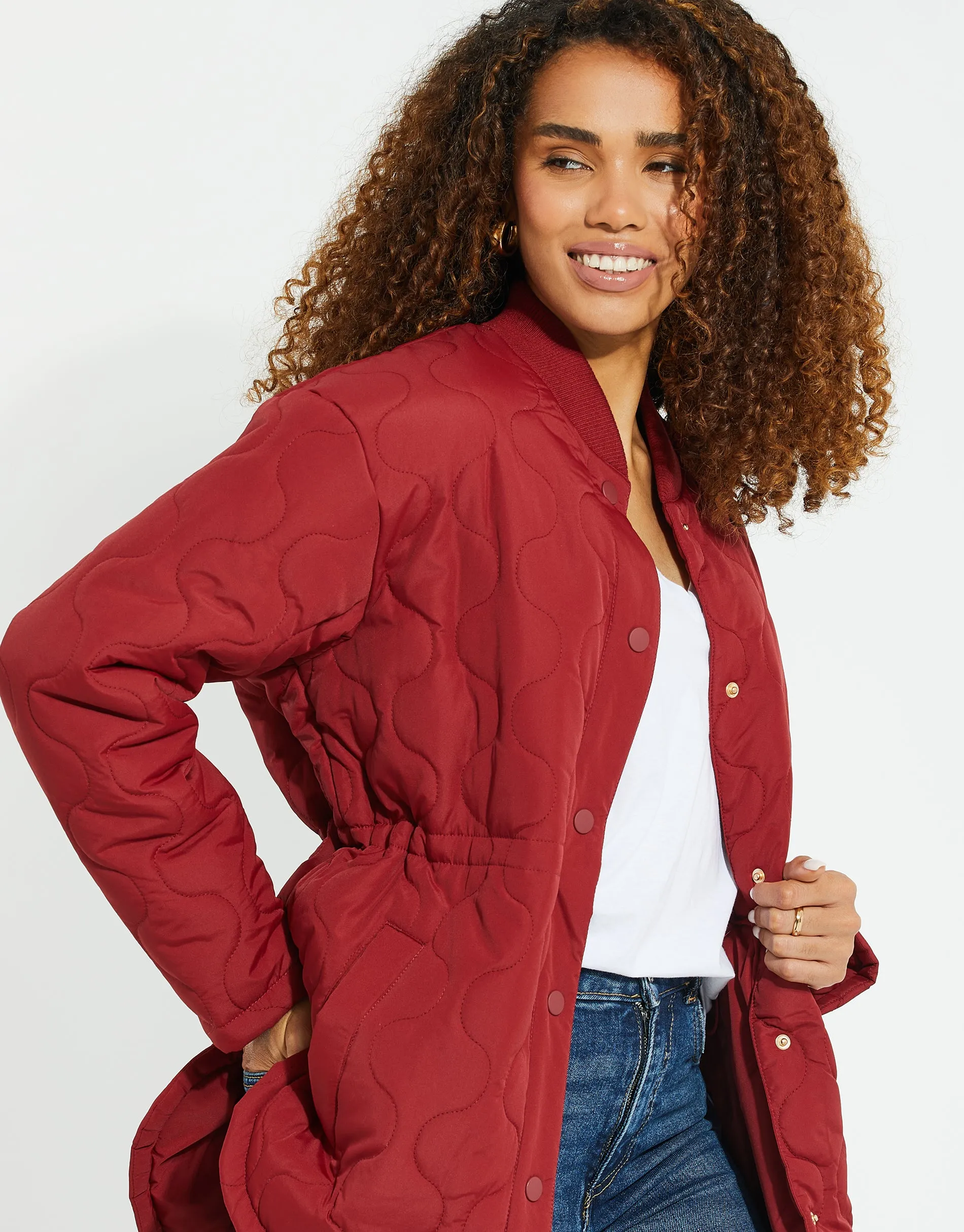Women's Red Quilted Bomber Style Jacket sold by Threadbare product image thumbnail 5