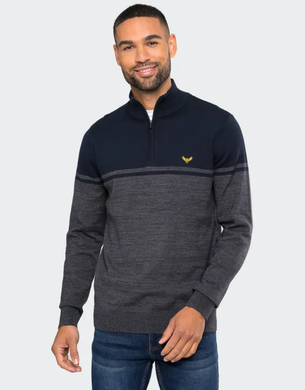 Men's Navy Two Tone Quarter Zip Jumper sold by Threadbare
