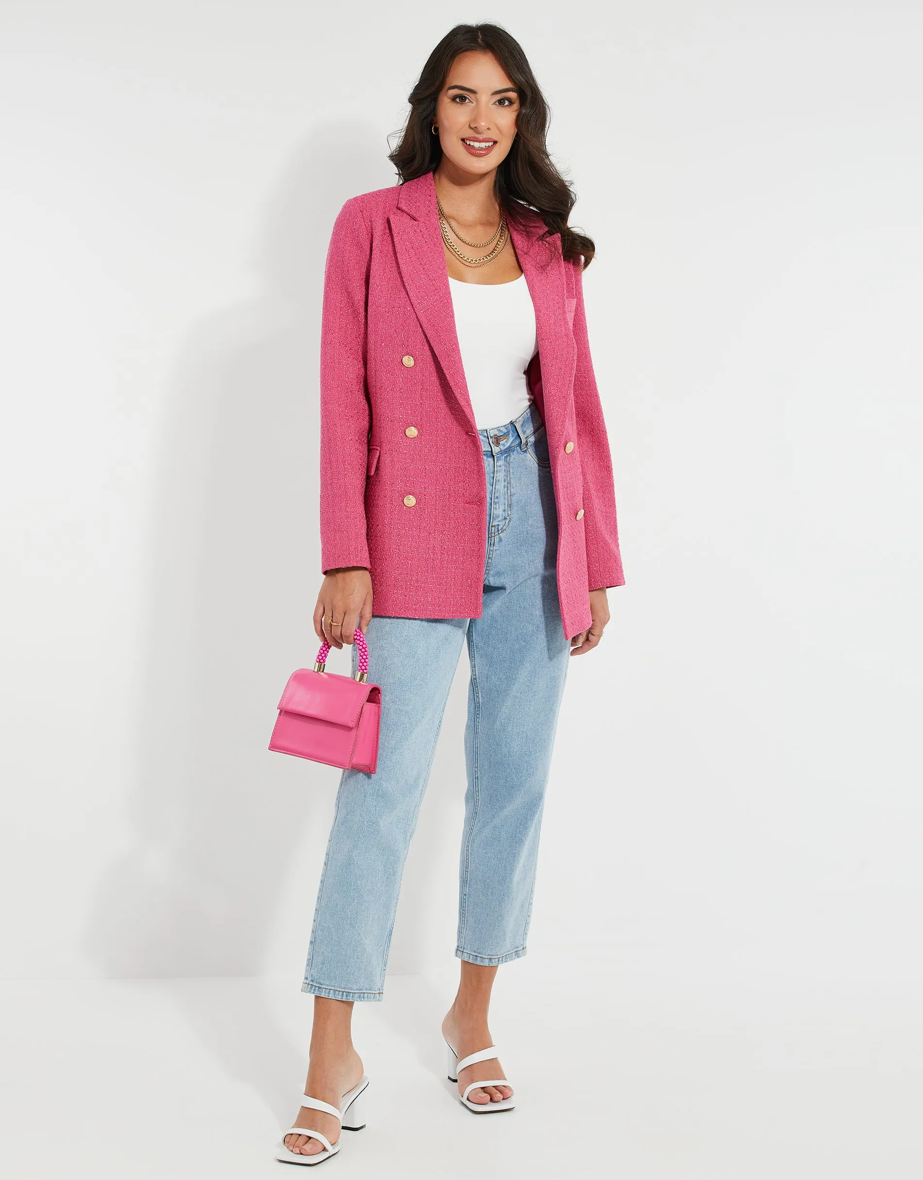 Women's Pink Oversized Double Breasted Bouclé Blazer sold by Threadbare product image thumbnail 3