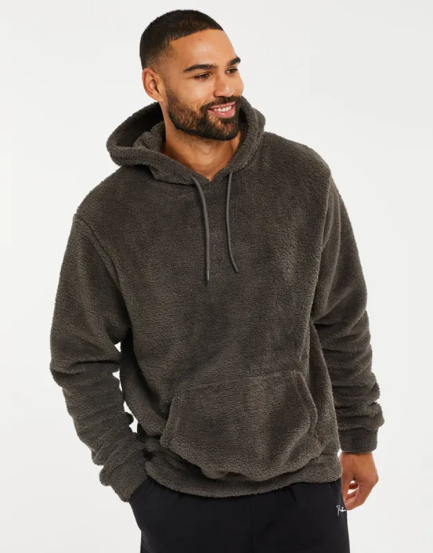Men's Charcoal Faux Borg Lounge Hoodie sold by Threadbare